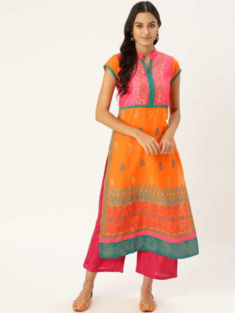 

MBE Women Peach-Coloured & Orange Printed A-Line Kurta