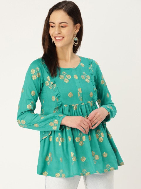

MBE Women Green & Golden Printed A-Line Top