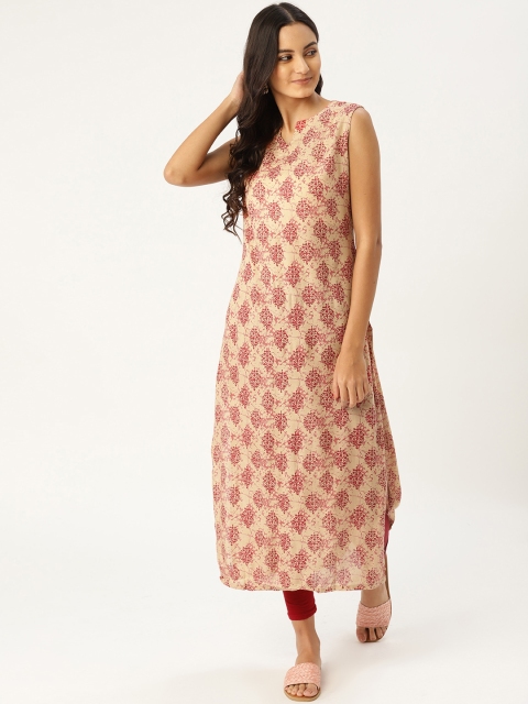 

MBE Women Beige & Maroon Printed Straight Kurta