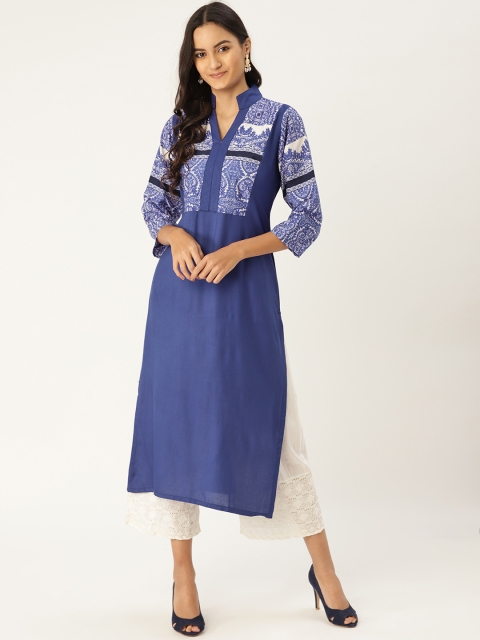 

MBE Women Blue & White Yoke Design Straight Kurta