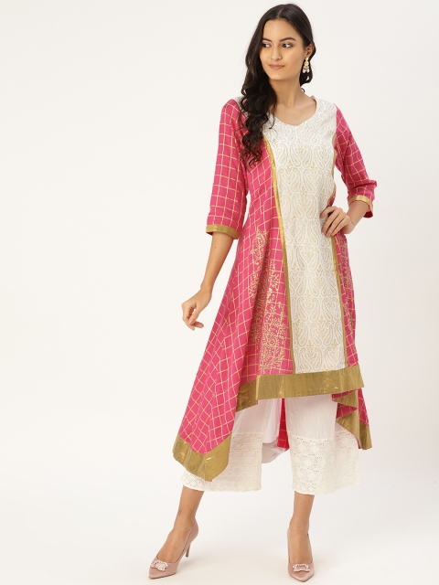 

MBE Women Pink & White Block Printed Anarkali Kurta