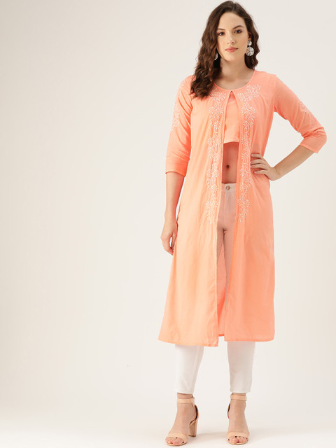 

Chinyere Women Peach-Coloured Embroidered Chikankari Straight Kurta