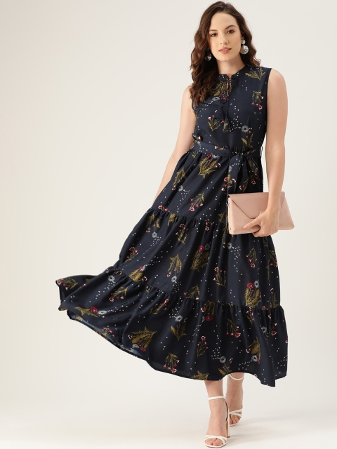 

Chinyere Women Navy Blue Printed Tiered Maxi Dress With Belt