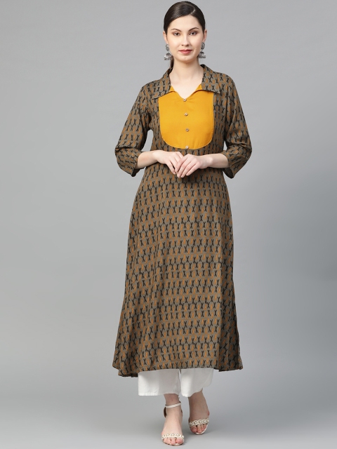 

La Firangi Women Charcoal Grey & Mustard Yellow Printed A-Line Kurta
