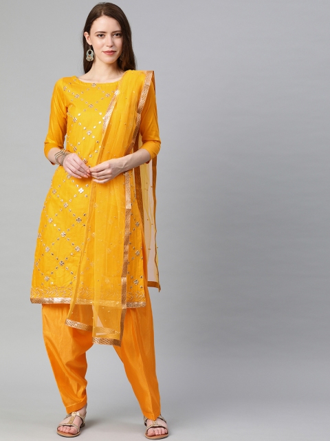 

Satrani Mustard Yellow Pure Cotton Unstitched Dress Material With Gotta Patti Detail