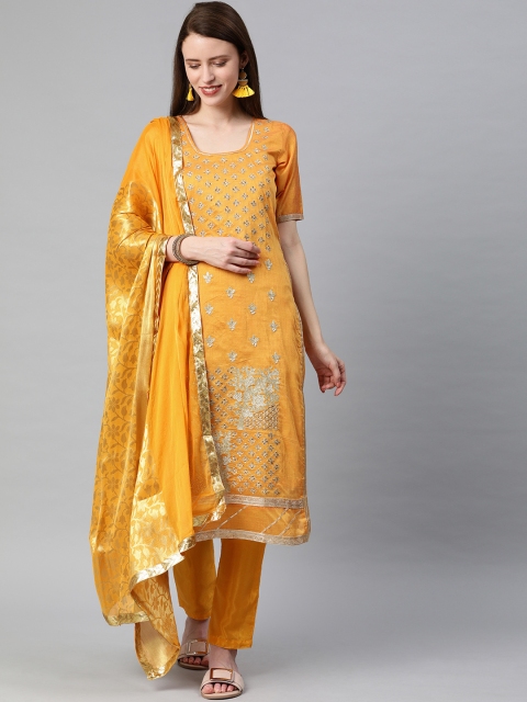 

Satrani Mustard Yellow & Gold-Toned Embellished Cotton Blend Unstitched Dress Material