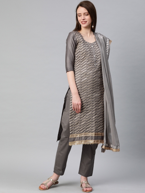 

Satrani Grey & Gold-Toned Embroidered Pure Cotton Unstitched Dress Material