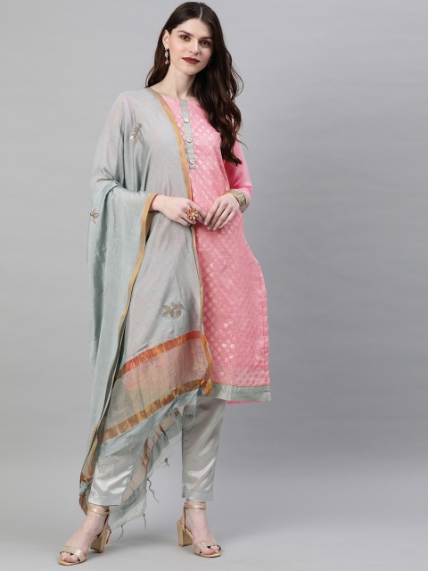 

Satrani Pink & Gold-Toned Cotton Blend Unstitched Dress Material