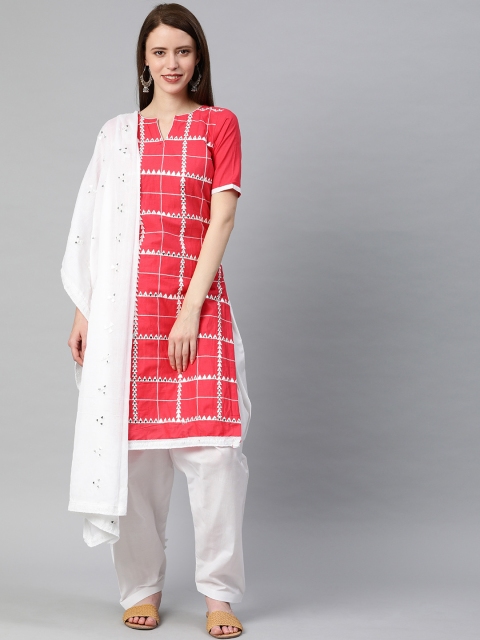 

Satrani Pink & White Embroidered Pure Cotton Unstitched Dress Material