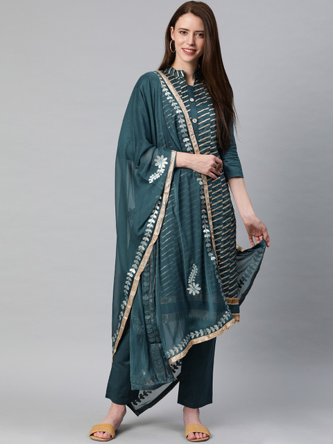 

Satrani Teal Blue & Gold-Toned Pure Cotton Unstitched Dress Material