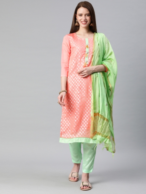 

Satrani Pink & Green Cotton Blend Unstitched Dress Material