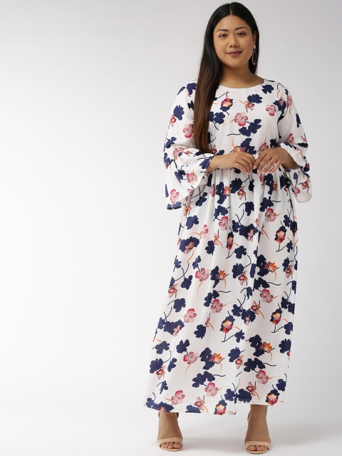 

U&F Women White & Navy Blue Floral Printed Maxi Dress