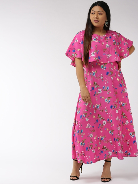 

U&F Women Pink & Blue Floral Print Maxi Dress