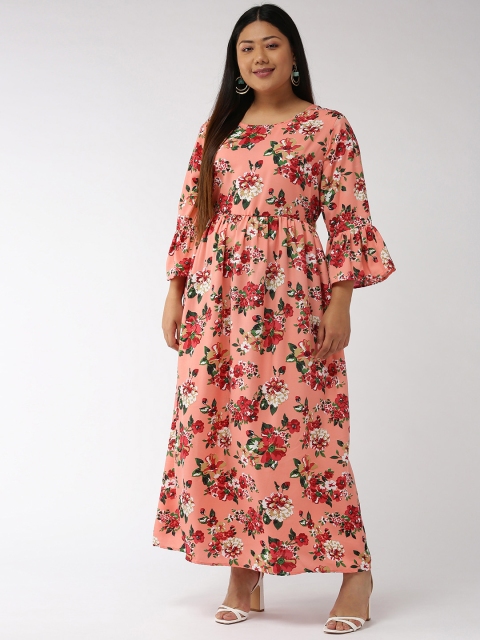 

U&F Women Peach-Coloured & Pink Floral Print Maxi Dress