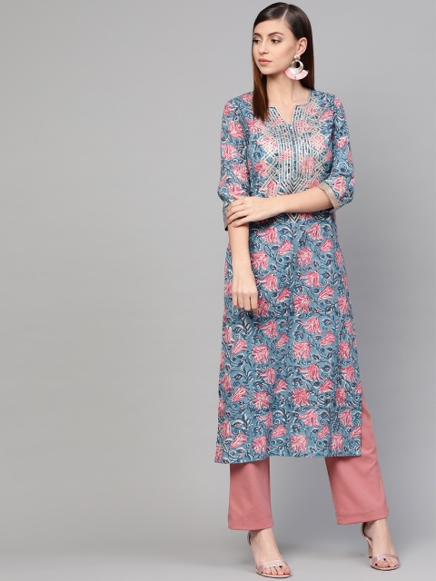 

Idalia Women Blue & Pink Printed Straight Kurta