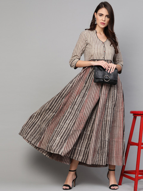 

Idalia Women Taupe & Grey Striped Maxi Dress