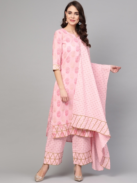 

Idalia Women Pink & Golden Printed Kurta with Palazzos & Dupatta