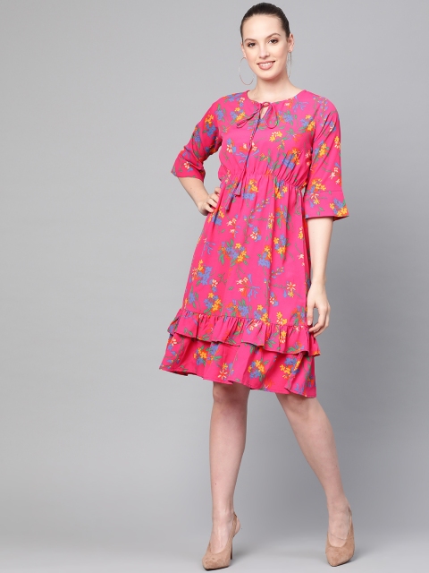 

Ives Women Pink & Blue Floral Printed A-Line Dress