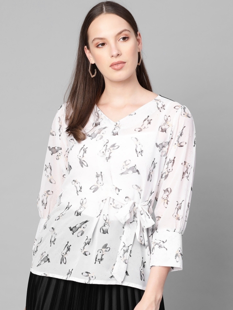 

Ives Women White Printed Semi-Sheer Conversational Cinched Waist Top