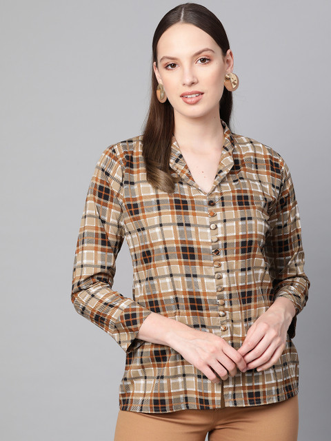 

Ives Women Beige & Black Checked Shirt Style Top