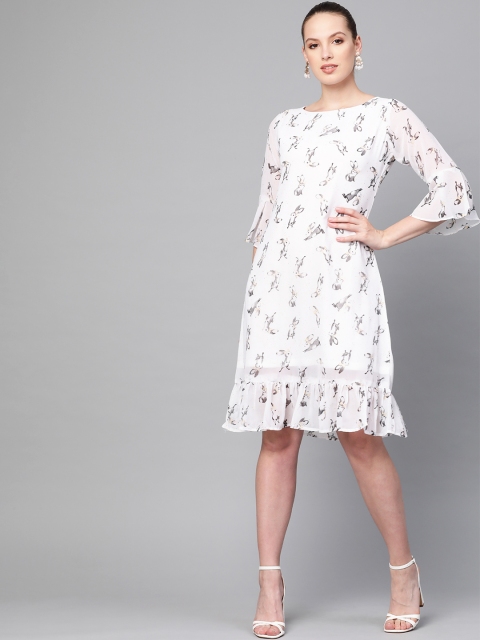 

Ives Women White & Grey Printed A-Line Dress