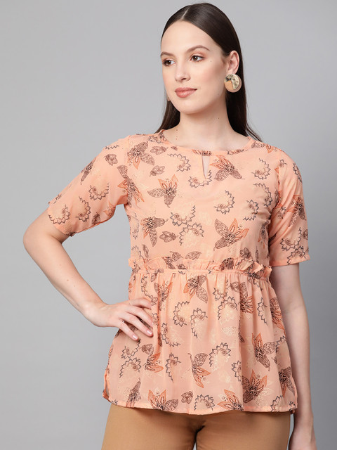 

Ives Women Peach-Coloured & Brown Semi-Sheer Printed A-Line Top