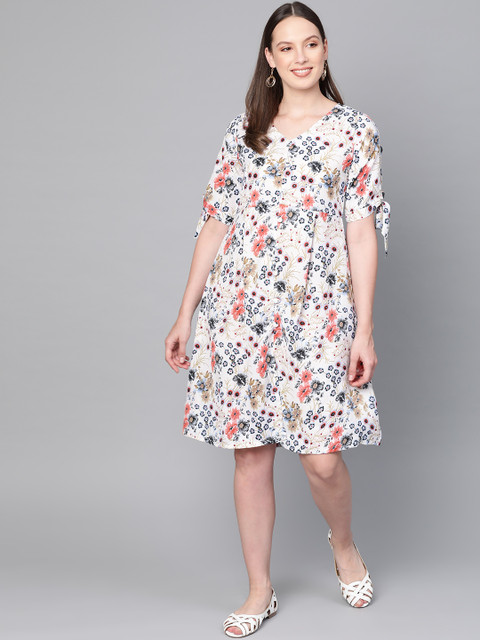 

Ives Women White & Navy Blue Floral Printed A-Line Dress