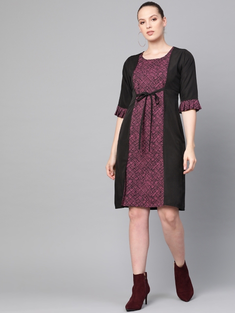 

Ives Women Black & Magenta Printed A-Line Dress