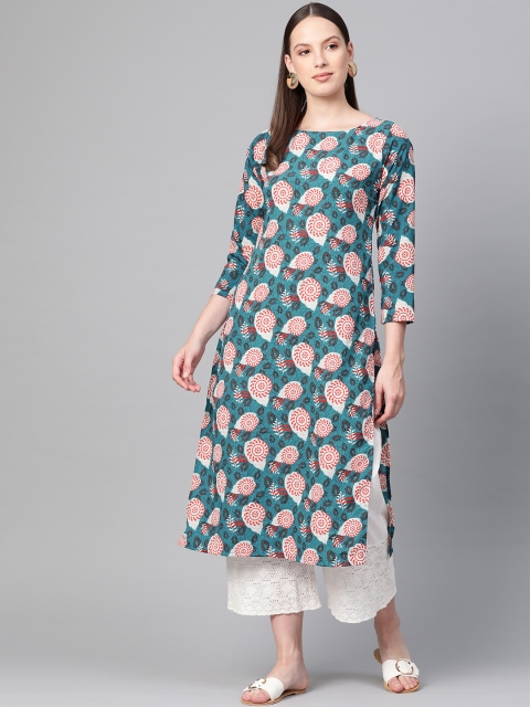 

Ives Women Blue & Off-White Printed Straight Kurta