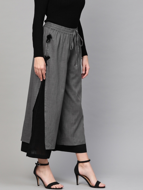 

Idalia Women Charcoal Grey & Black Solid Layered Wide Leg Palazzos
