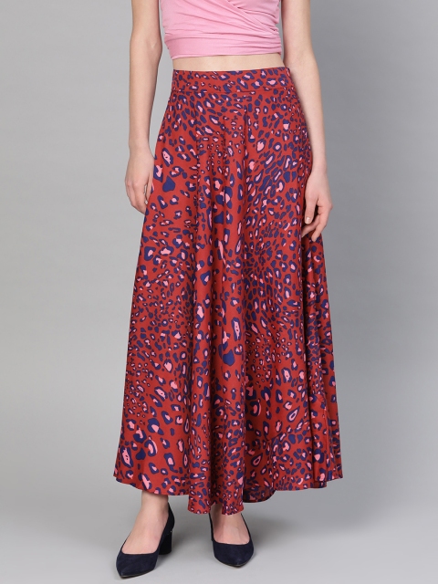 

The Vanca Women Maroon & Navy Blue Printed Maxi Flared Skirt