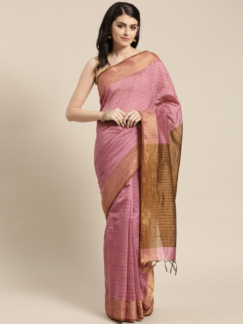 

Rajesh Silk Mills Pink & Brown Self Checked Saree