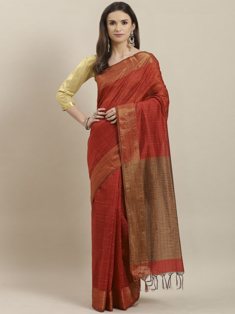 

Rajesh Silk Mills Rust Orange & Golden Checked Saree