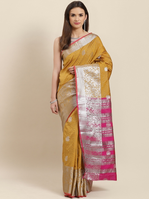 

Rajesh Silk Mills Mustard Brown & Silver Checked Saree