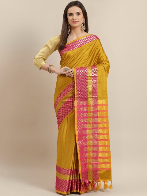 

Rajesh Silk Mills Mustard Yellow & Pink Solid Saree