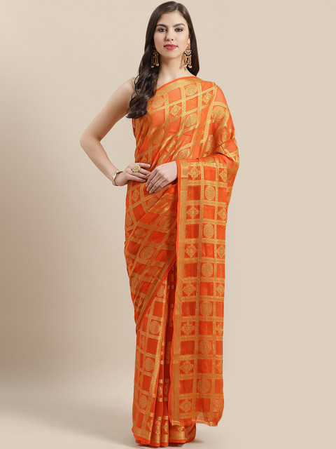 

Rajesh Silk Mills Orange & Golden Woven Design Saree