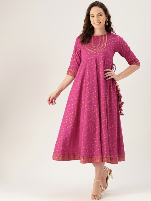 

Rustorange Women Pink & Golden Printed A-Line Dress