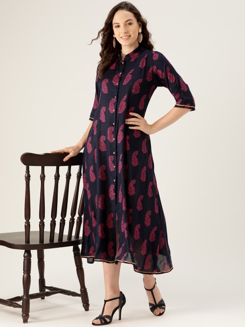 

Rustorange Women Navy Blue & Magenta Printed A-Line Dress