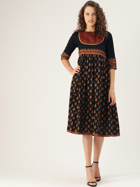 

Rustorange Women Black & Rust Orange Printed A-Line Dress