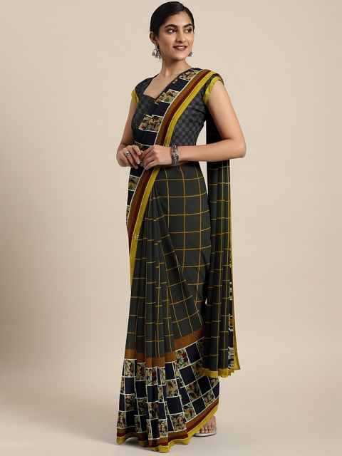 

Triveni Olive Green & Navy Blue Poly Georgette Checked Saree