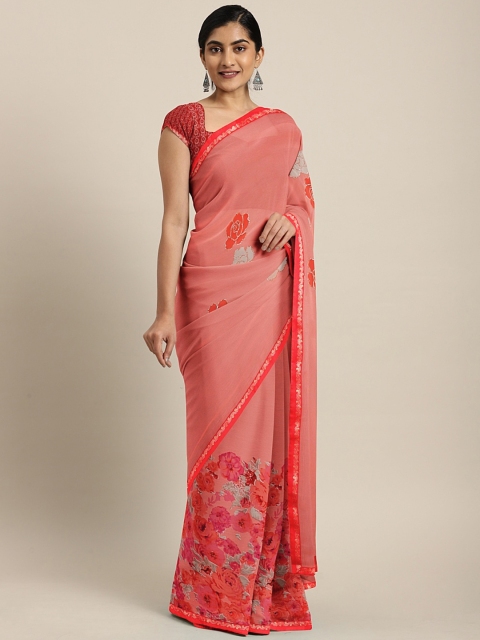 

Triveni Peach-Coloured & Pink Printed Poly Georgette Saree