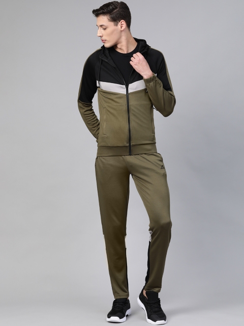 

Alcis Men Olive Green & Black Hooded Colourblocked Training Tracksuit