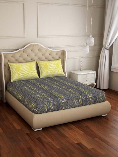 

SPACES Yellow & Grey Abstract 144 TC Cotton 1 Queen Bedsheet with 2 Pillow Covers