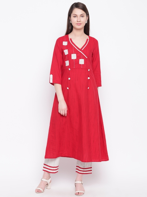 

Indi INSIDE Women Red & Off-White Self-Design Angrakha A-Line Kurta with Palazzos