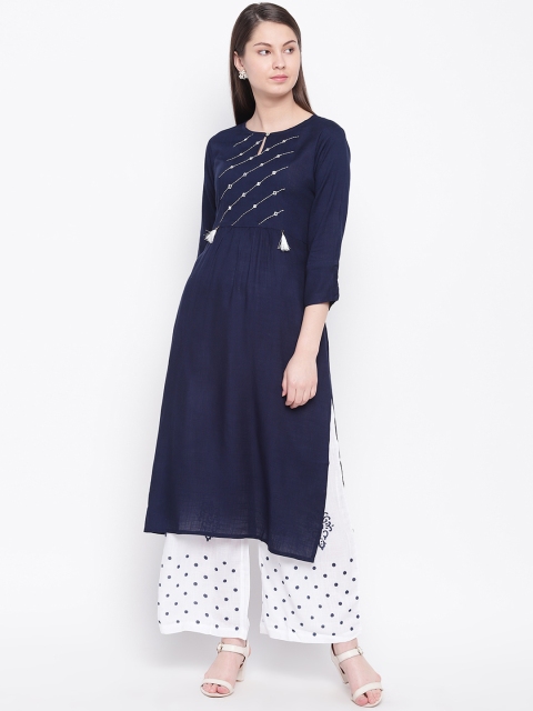 

Indi INSIDE Women Navy Blue & White Yoke Design Kurta with Palazzos