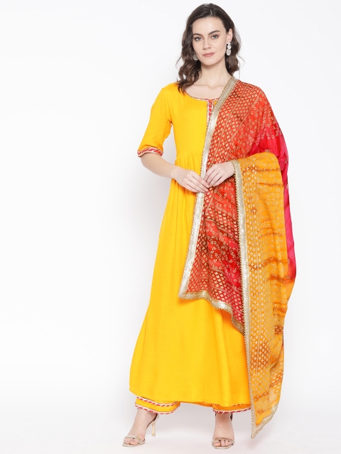 

Indi INSIDE Women Mustard Yellow & Pink Solid Kurta with Palazzos & Dupatta