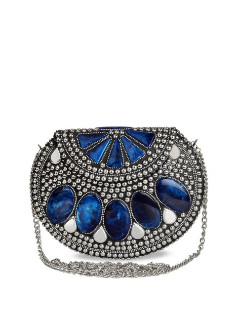 

Anekaant Silver-Toned & Blue Embellished Clutch