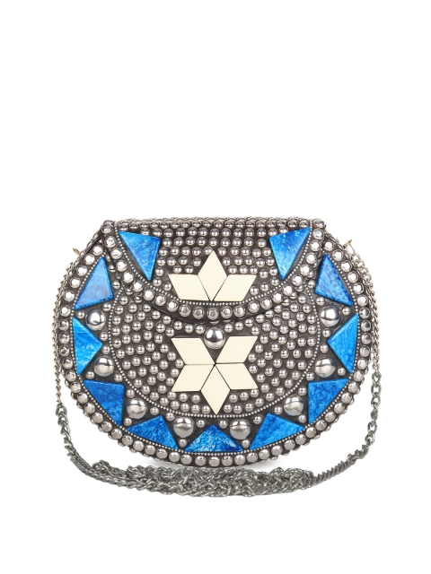 

Anekaant Silver-Toned & Blue Jewel Mosaic Embellished Embellished Clutch