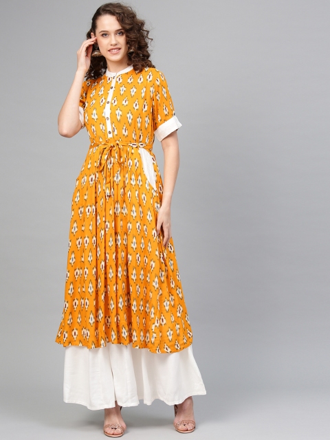 

Tulsattva Women Mustard Yellow & Off-White Ikat Print Kurta with Skirt