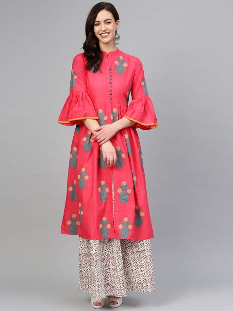 

Tulsattva Women Pink & White Block Print Kurta with Skirt